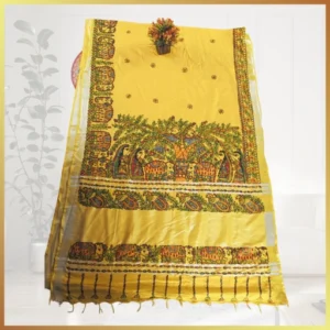 Handpainted Madhubani Linen Cotton Saree Blouse Set