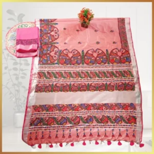 Handpainted Madhubani Linen Cotton Saree Blouse Set